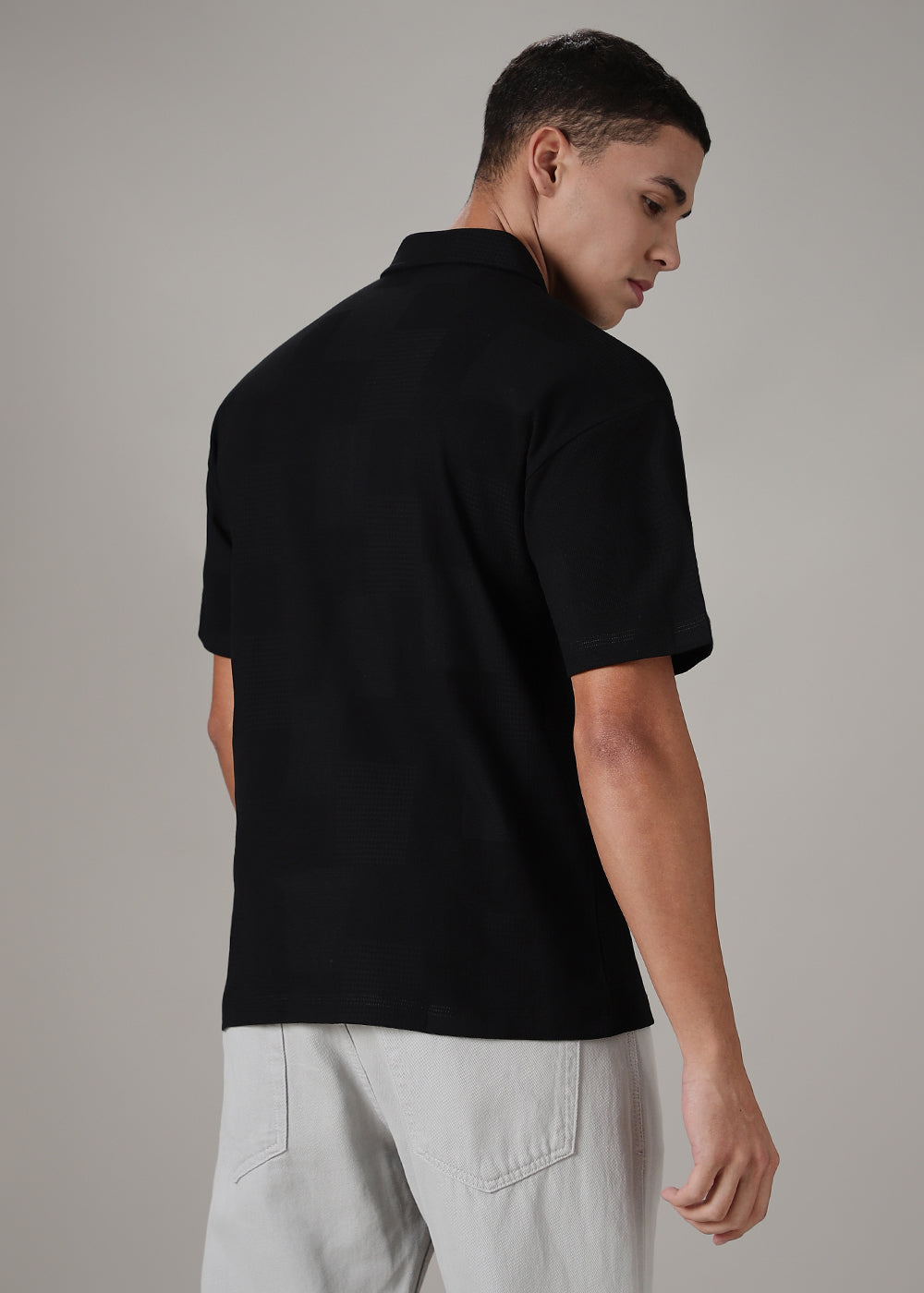 Textured Weave Black Plain Polo T-shirt