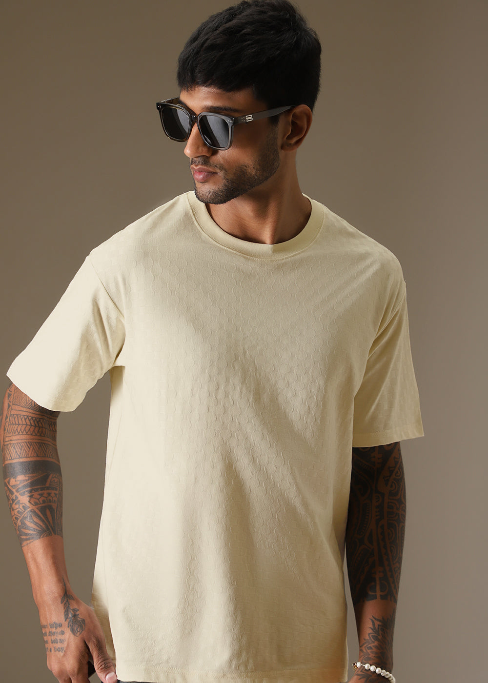 Textured Cream Plain Oversized T-shirt