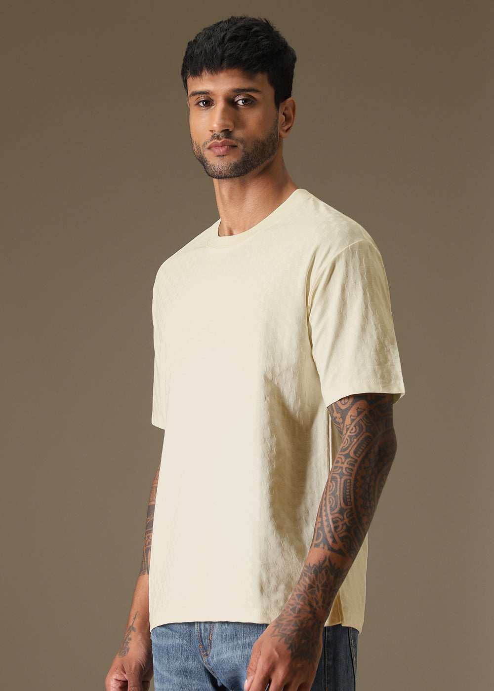 Textured Cream Plain Oversized T-shirt