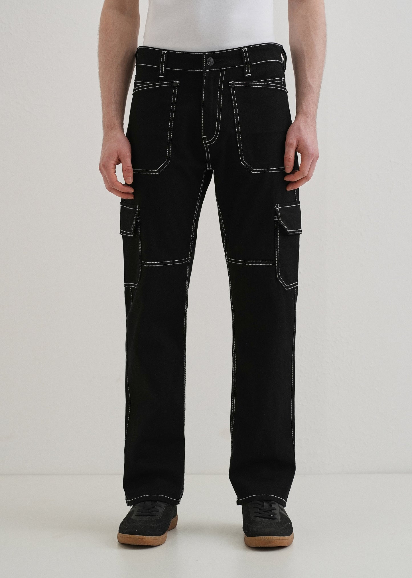Top Stitched Black Denim Cargo