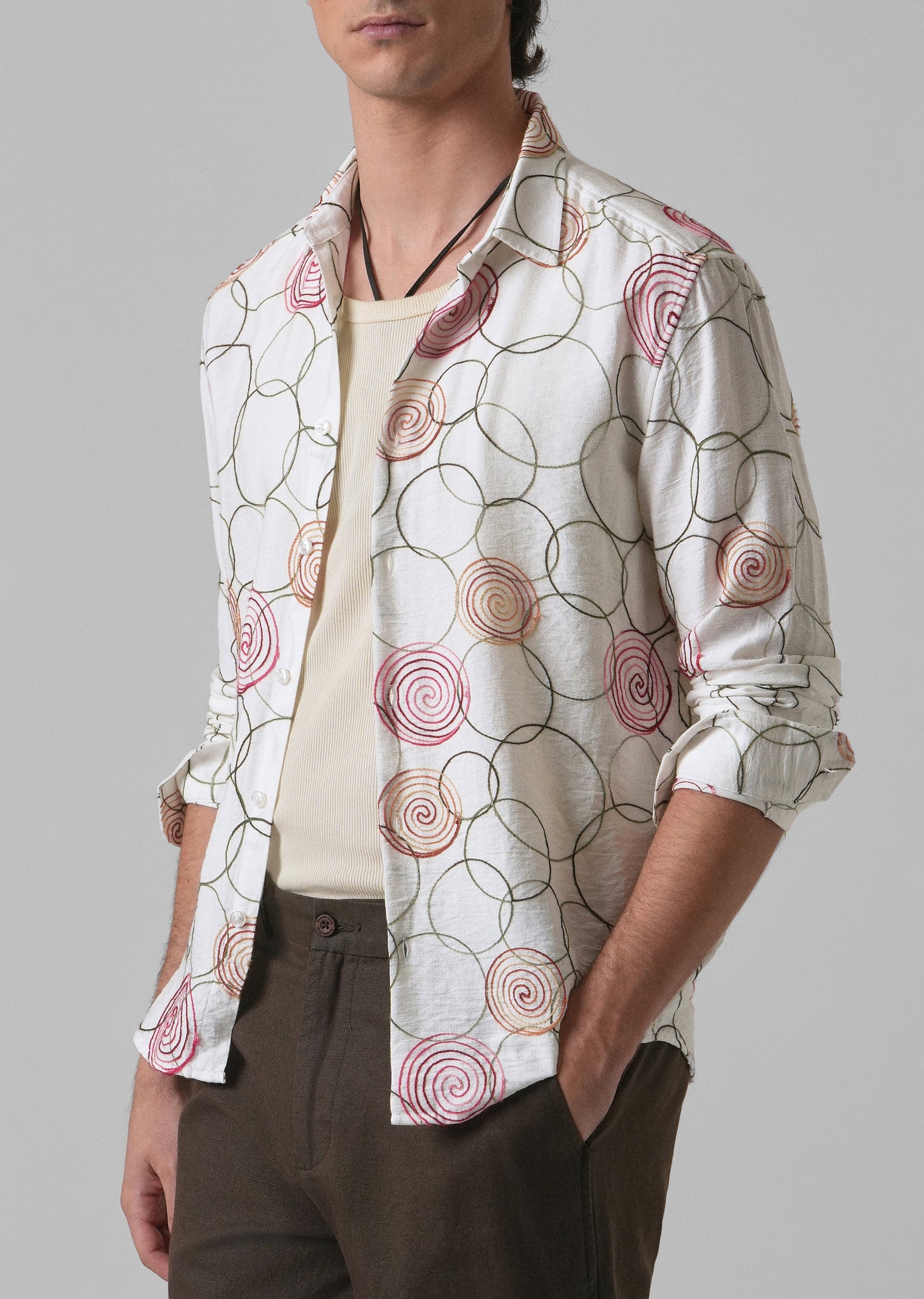 White Circular Embroidered Shirt