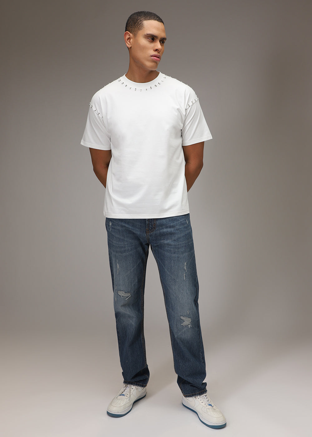 White Plain Embellishment Oversized T-shirt