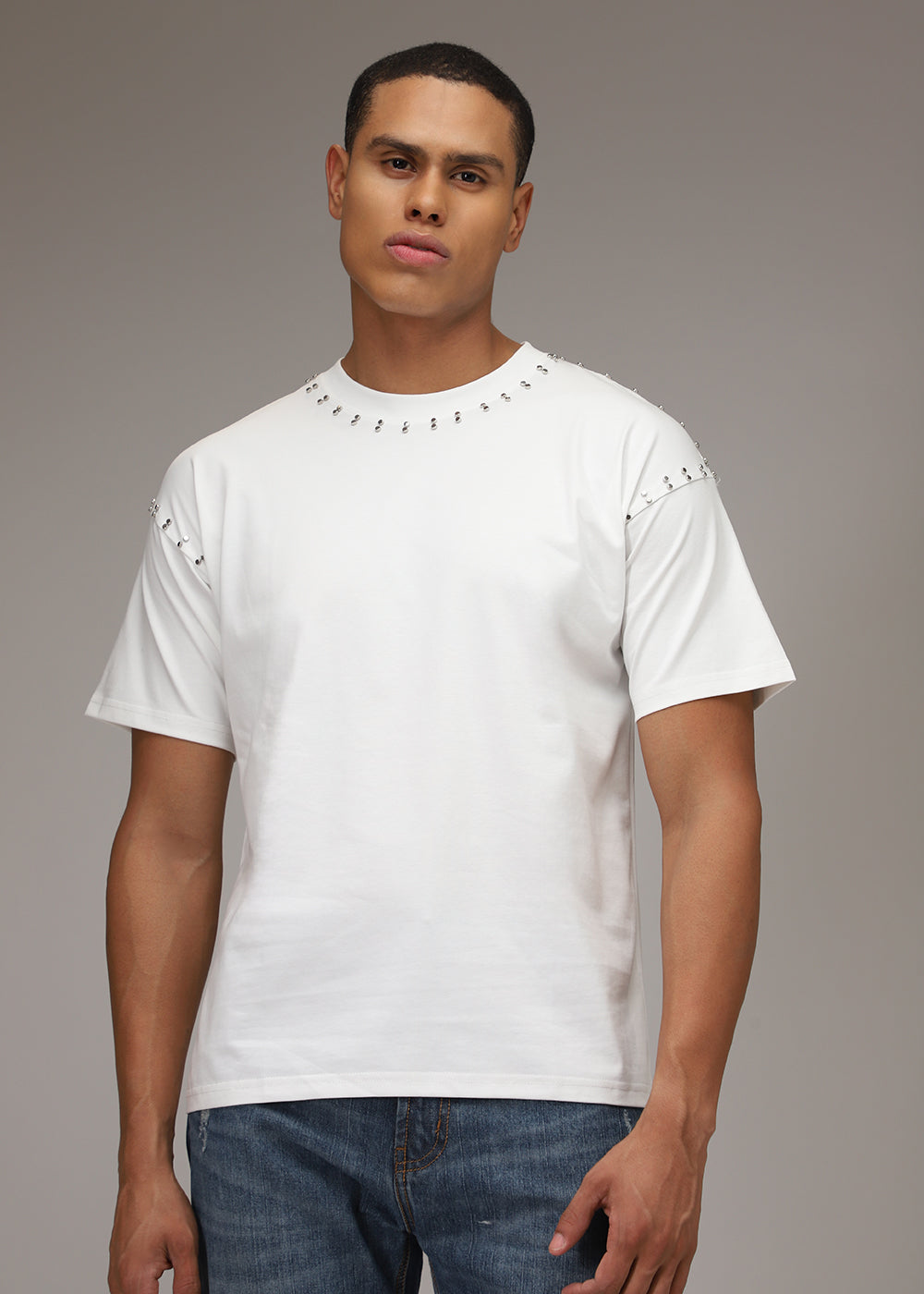 White Plain Embellishment Oversized T-shirt