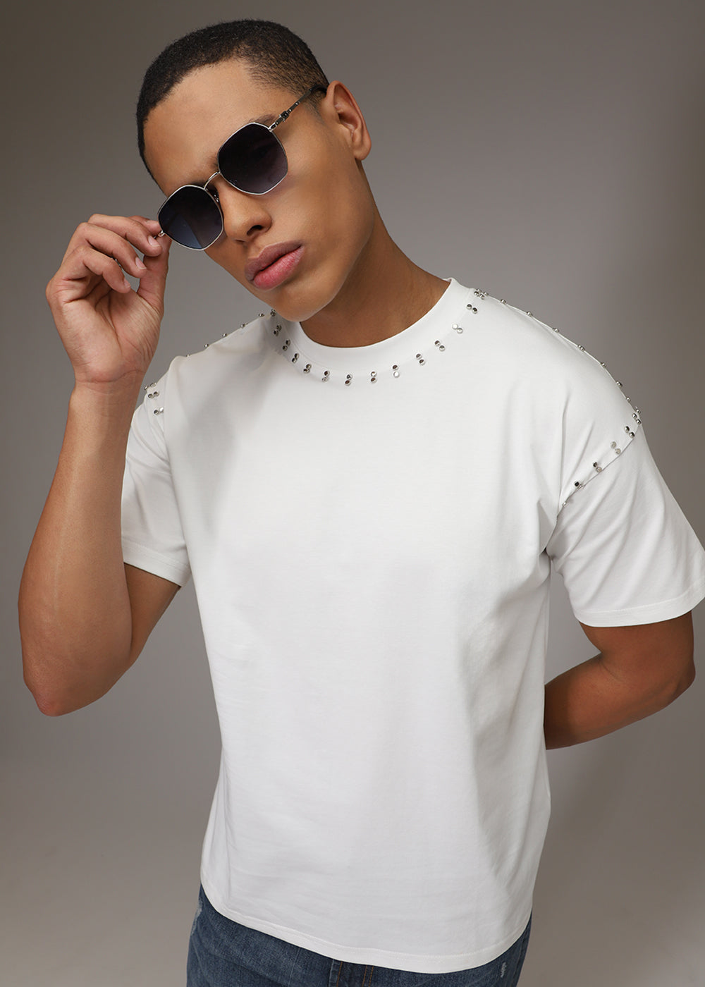 White Plain Embellishment Oversized T-shirt