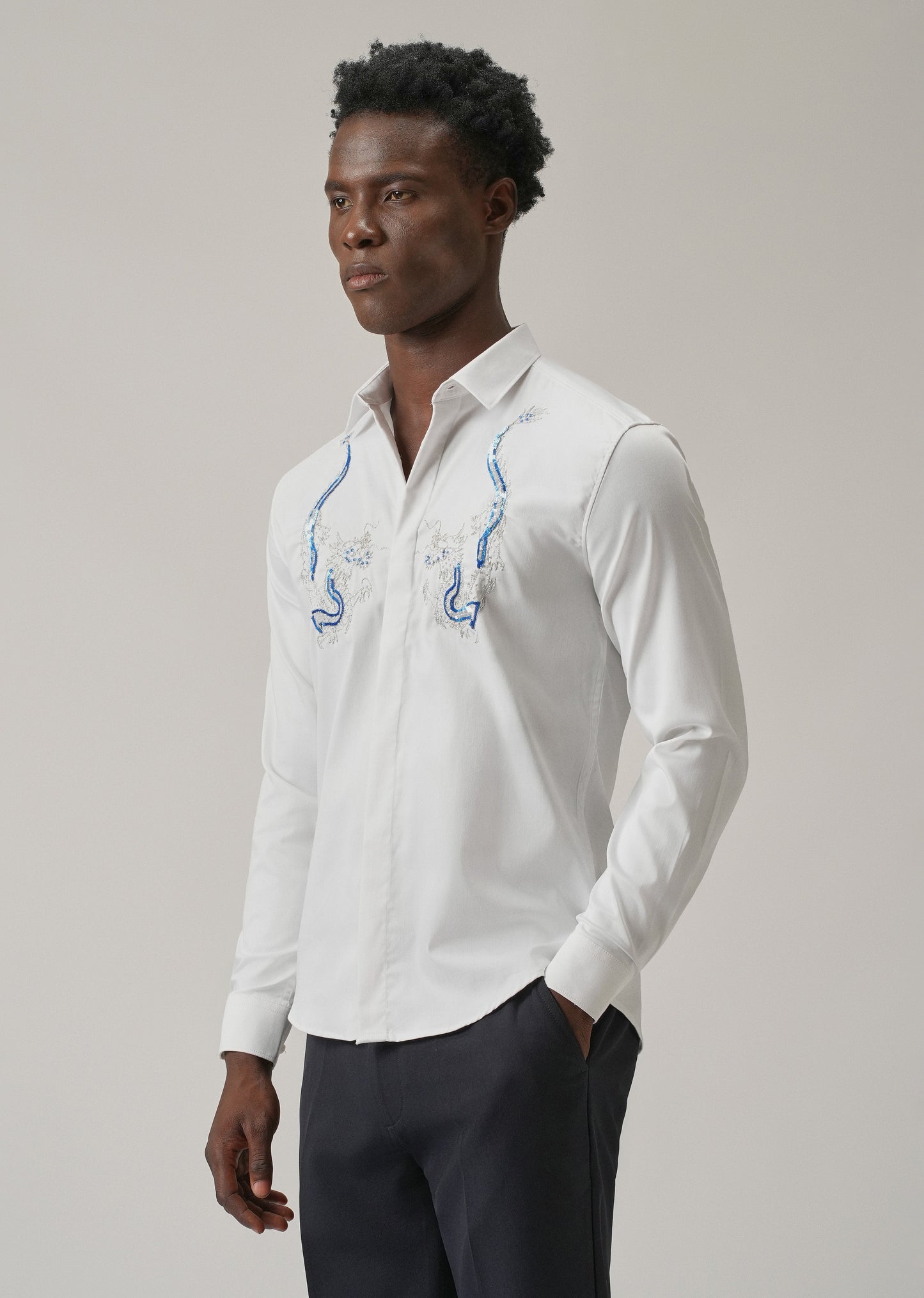 White Handcrafted Dragon Designer Shirt