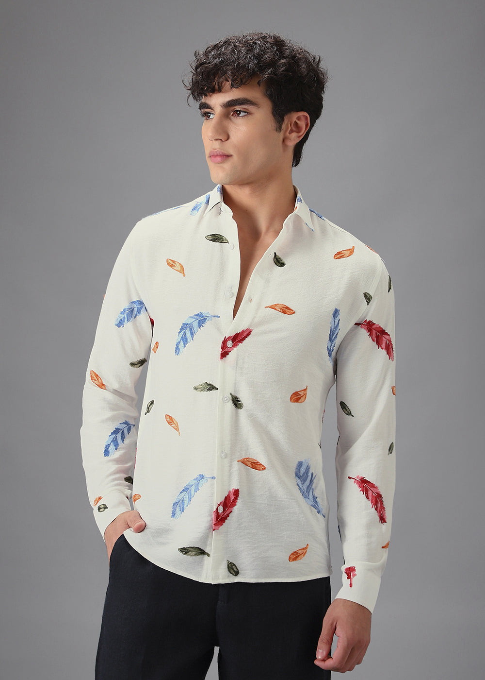 White Feather Leaf Embroidery Shirt