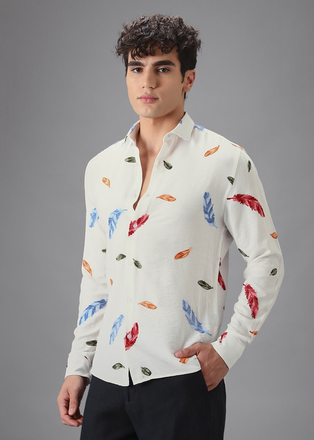 White Feather Leaf Embroidery Shirt