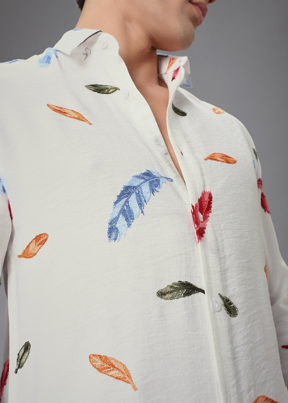 White Feather Leaf Embroidery Shirt