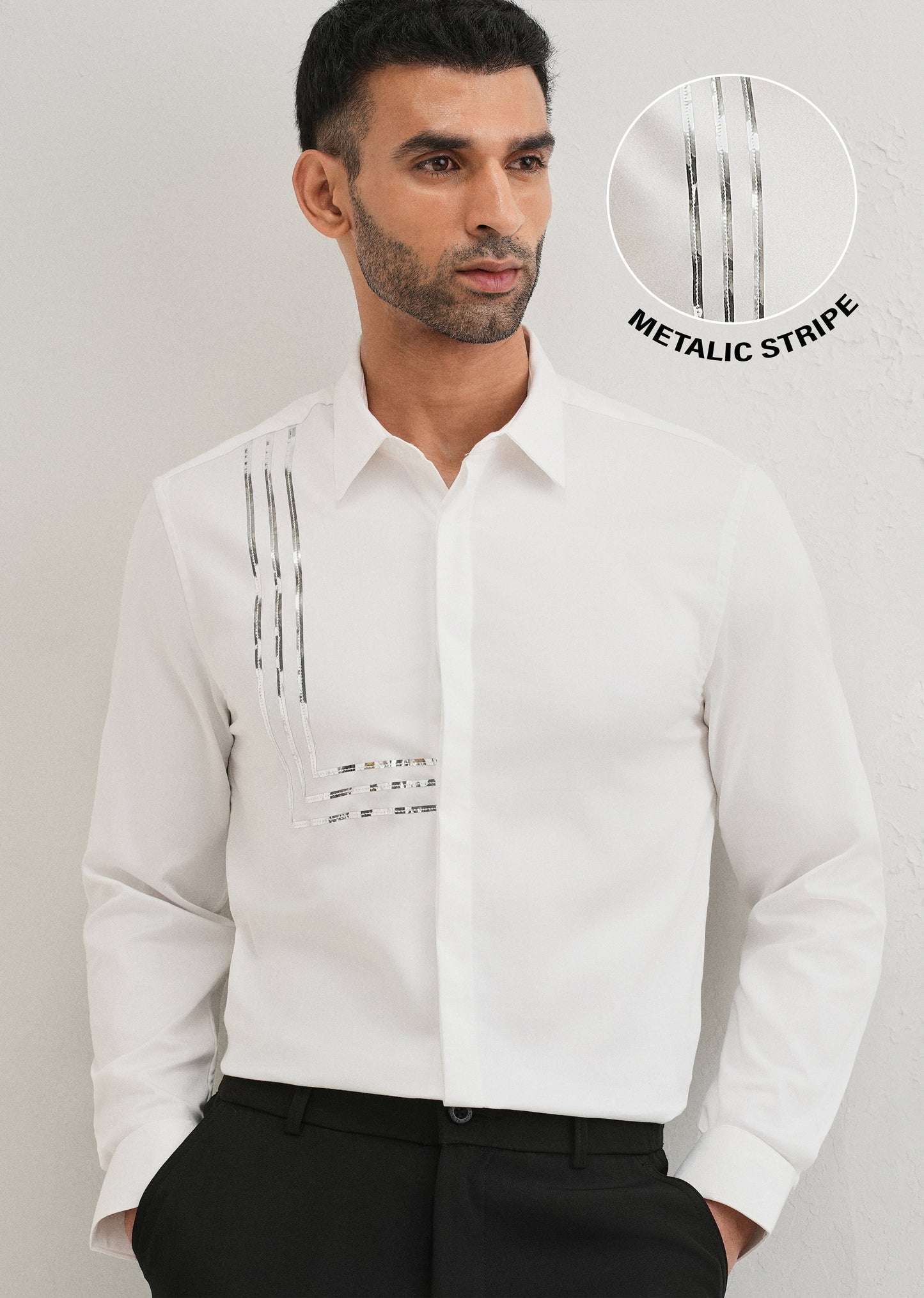 White Metallic Stripe Designer Shirt