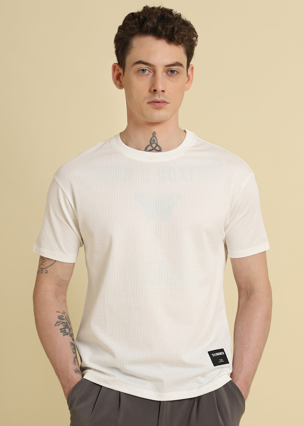 White Plain Ribbed Stripe Regular T-shirt