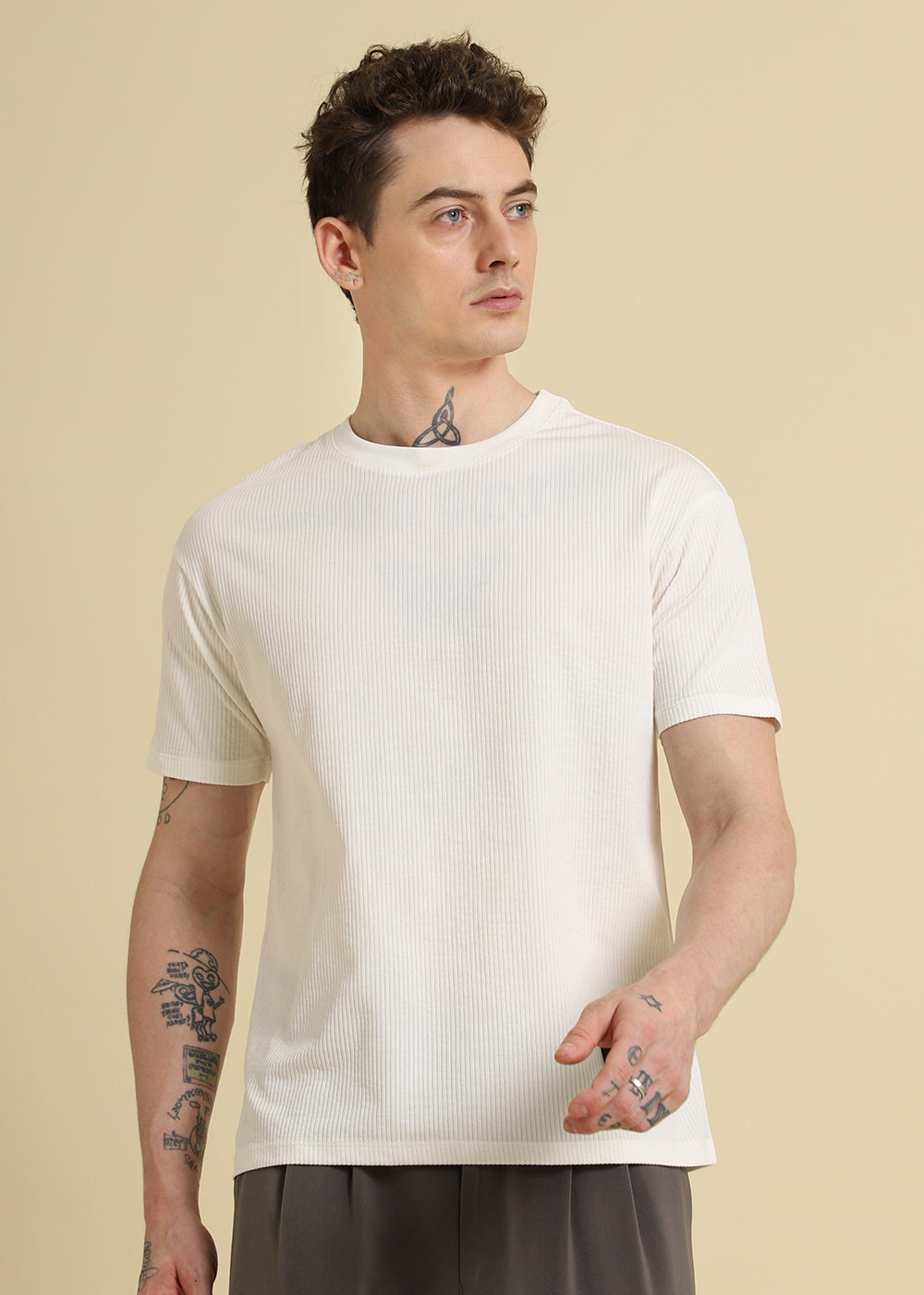 White Plain Ribbed Stripe Regular T-shirt