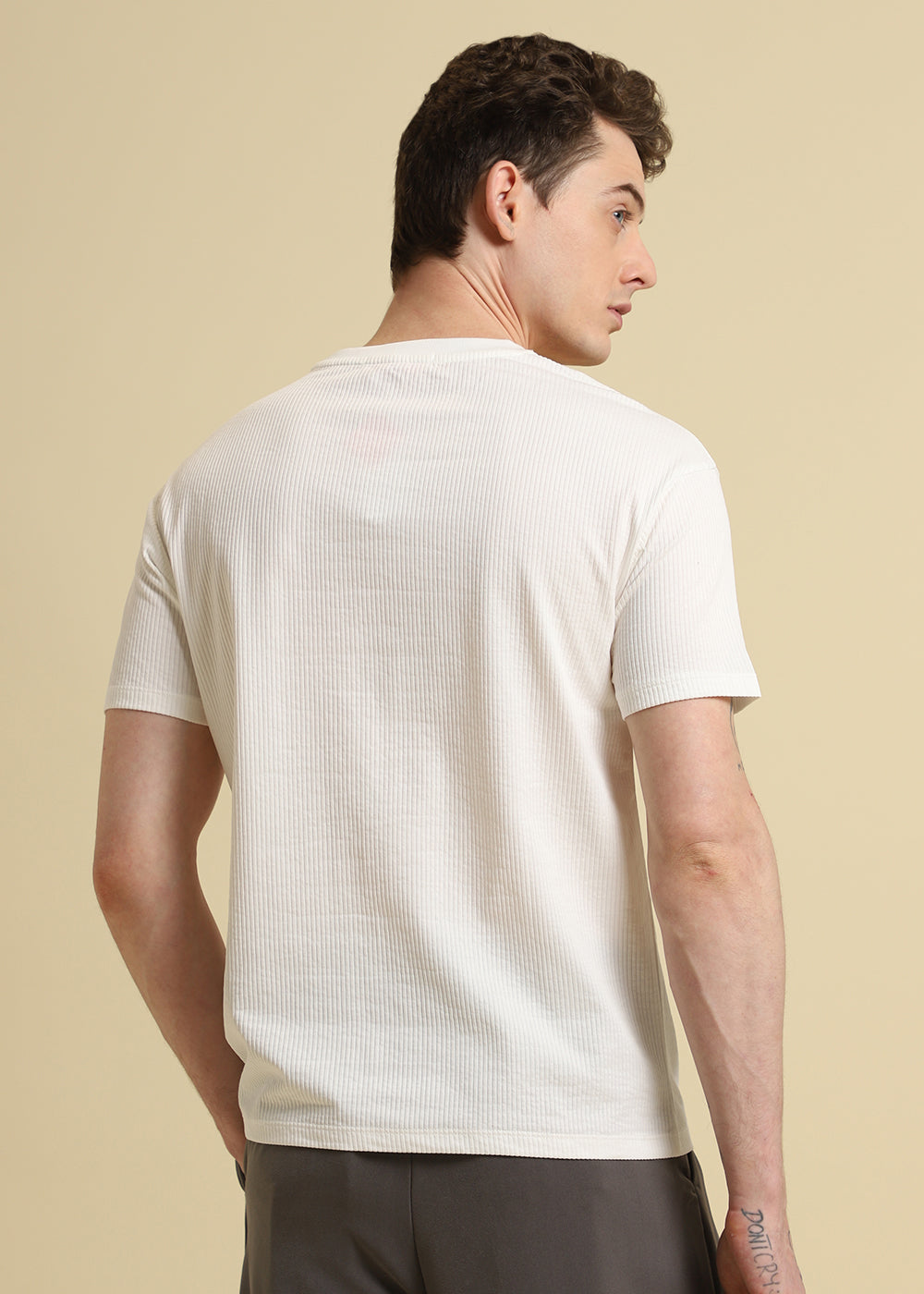 White Plain Ribbed Stripe Regular T-shirt