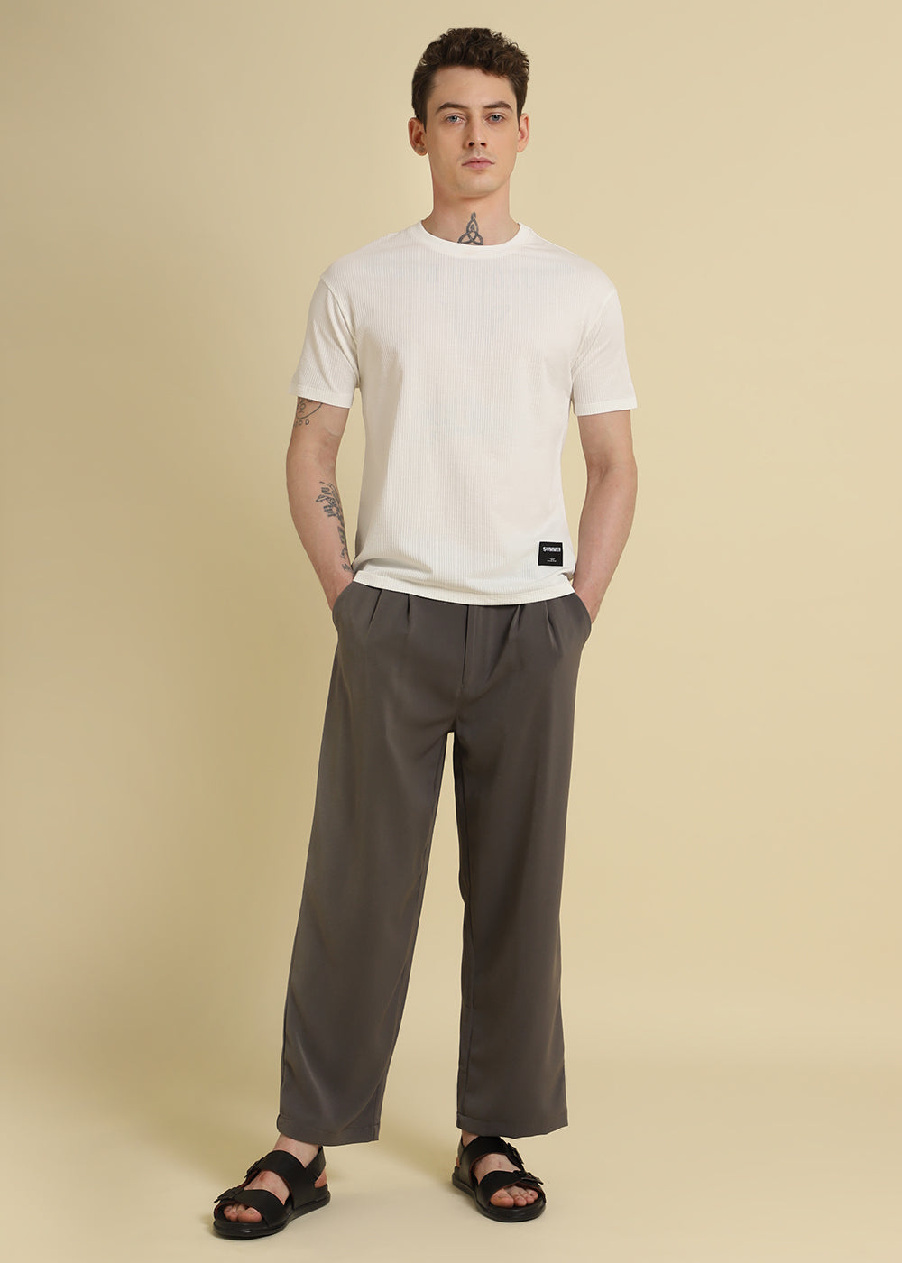 White Plain Ribbed Stripe Regular T-shirt
