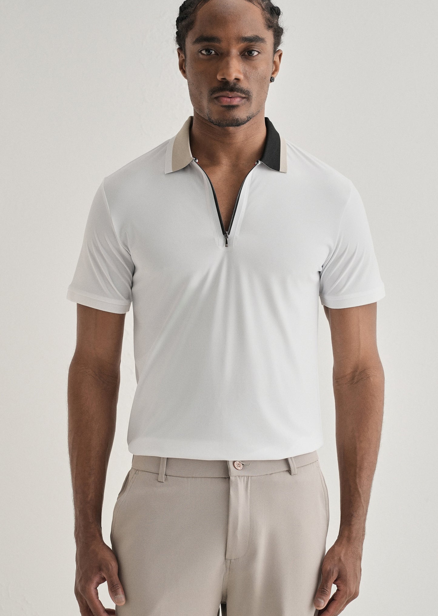 White Zipper Polo Collar Seamless T-shirt