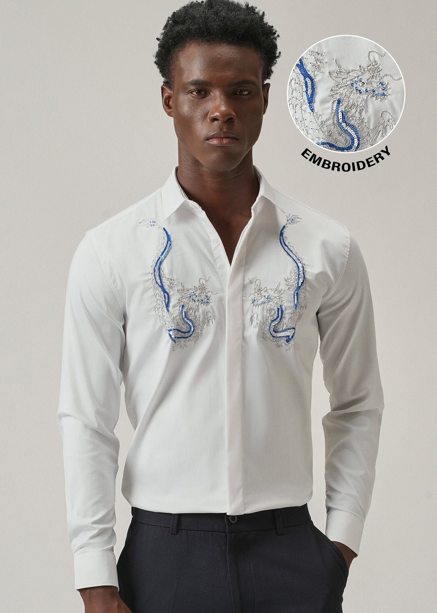 White Handcrafted Dragon Designer Shirt