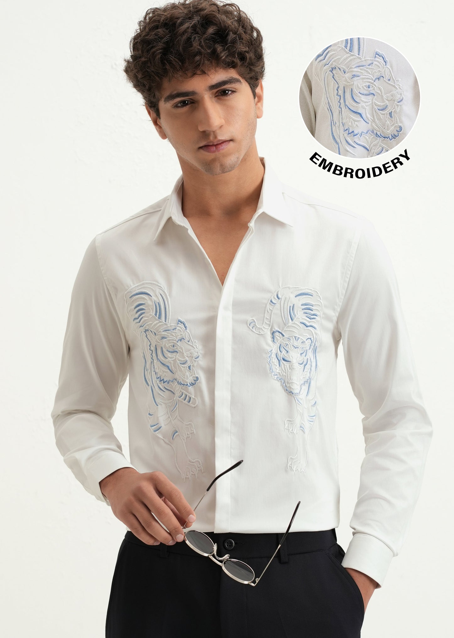 White Tiger Embroidered Designer Shirt